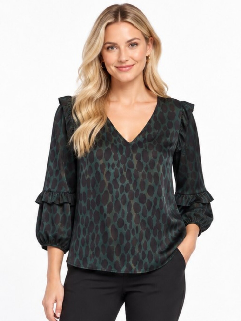 Anthropologie Caballero V-Neck Ruffle Sleeve Blouse in Black and Dark Green Sz M